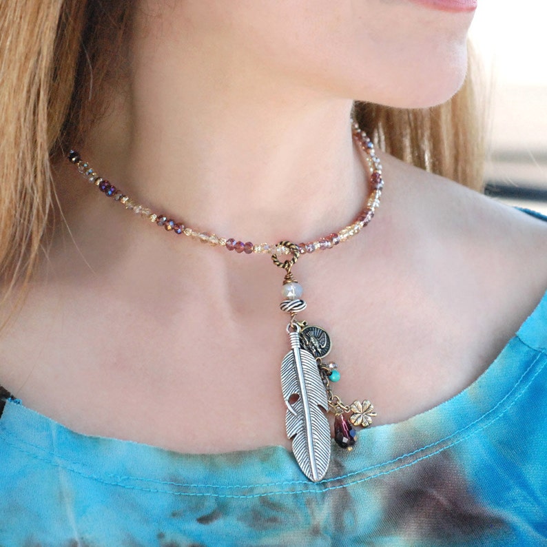 Beaded Boho Choker Bead Choker N1418 Boho Feather Necklace Gypsy Necklace Hippie Jewelry Boho Jewelry Gypsy Jewelry Hippie Necklace