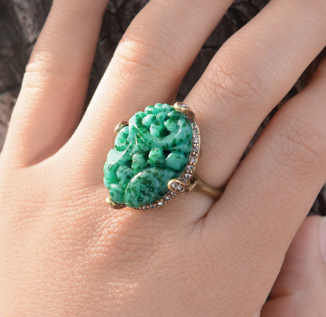 Vintage Jade Glass Ring Art Deco Ring Vintage Jewelry Green Etsy