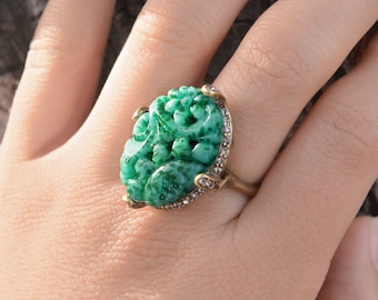 Vintage Art Deco Jade Glass Ring: 1920s Chinoiserie Jewelry