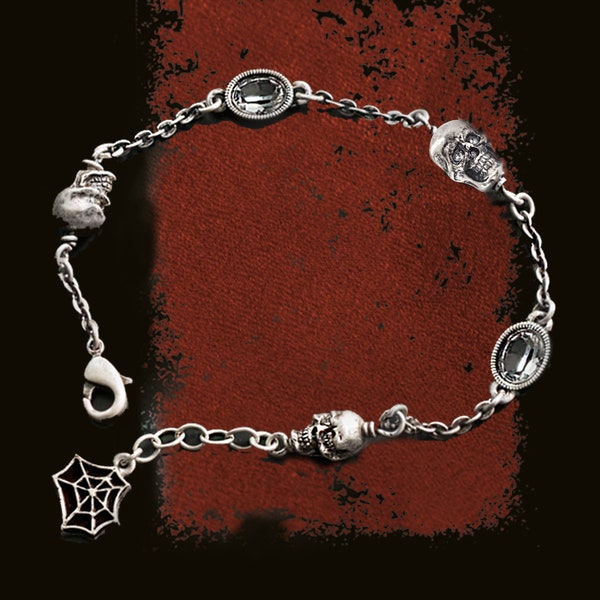 Small Silver Skulls Bracelet, Official Elvira licensed Bracelet, Elvira Halloween Jewelry, Medieval Bracelet, Gothic Bracelet,  EL_BR121