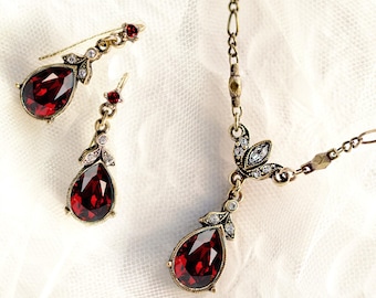 Garnet Red Teardrop Necklace and Earring Set: Vintage Wedding Jewelry
