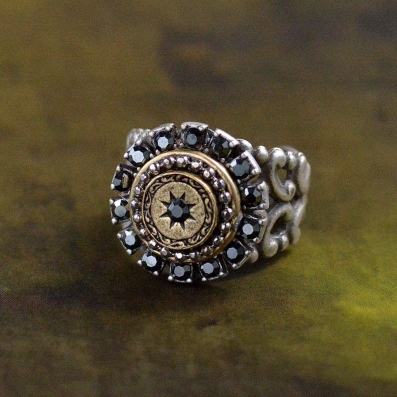 Hematite Halo Estate Ring, Victorian Ring, Estate Ring, Medallion Jewelry, Vintage Ring, Silver Ring, French Ring, French Jewelry R561 