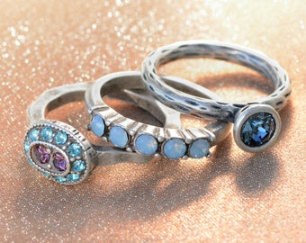 Anillos apilables de plata, anillos bohemios con cristales de Swarovski