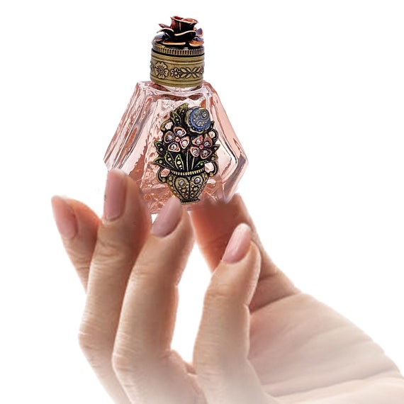 Pink Vintage Perfume Bottle Art Deco Flowers Essential Oil 