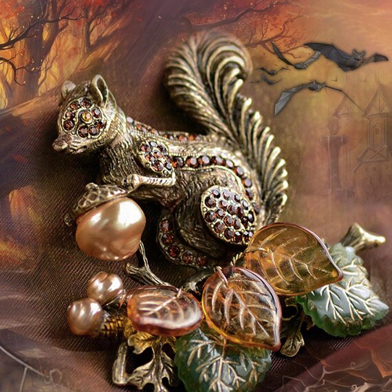 Squirrel Brooch: Swarovski Crystal, Glass Leaves, and Acorn Pearl