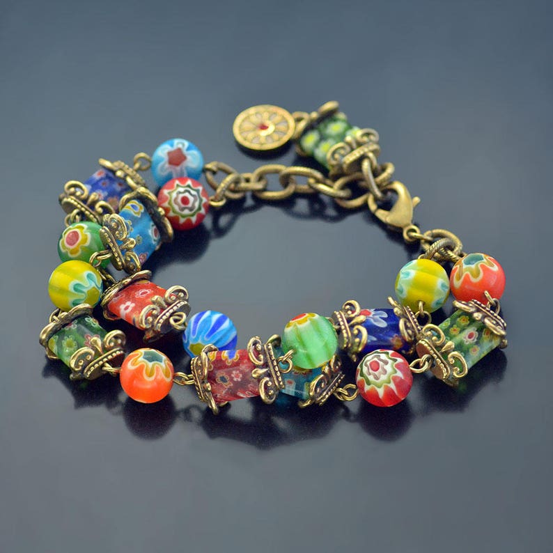 Millefiori Glass Retro Squares Bracelet, Murano Glass Jewelry, Rainbow Bracelet, Festival Jewelry, Millefiori Jewelry, Boho Bracelet BR223 image 1