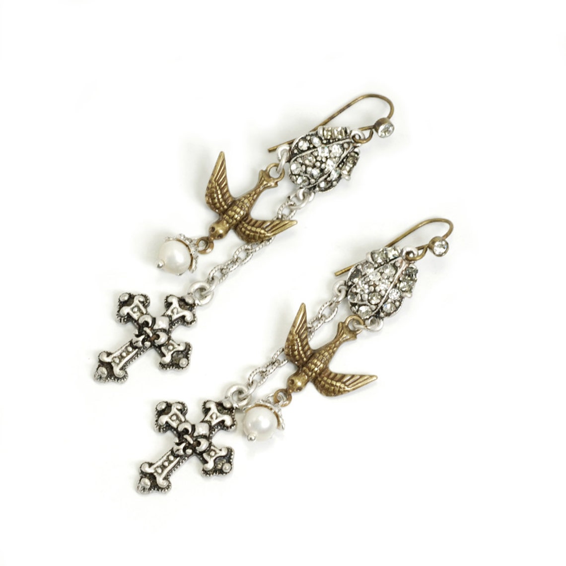 Cross Earrings Holy Spirit Bird Earrings Pearl Earrings Etsy