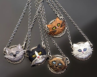 Cat Pendant. Cat Face Necklace, Gift for Cat Lover, Fun Cat Lady, Siamese, Persian, Tabby, Pet Memorial N1542