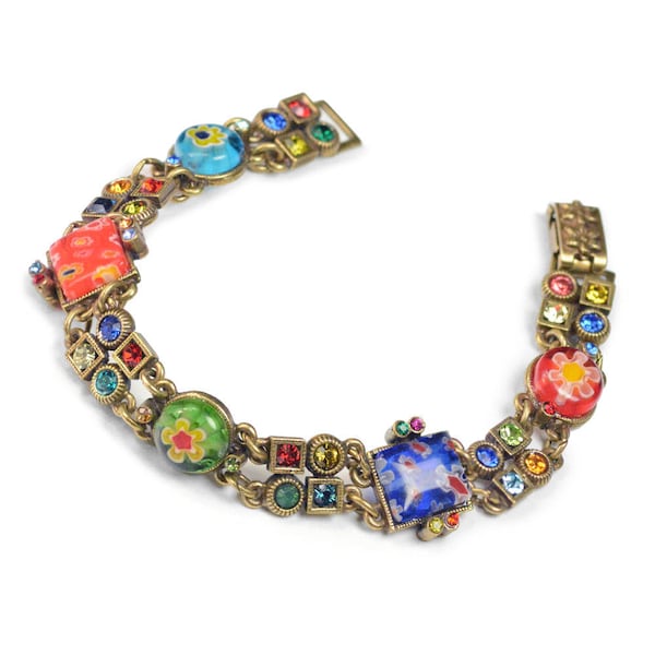 Millefiori Glass Link Bracelet: Geometric Swarovski Crystal Boho Jewelry