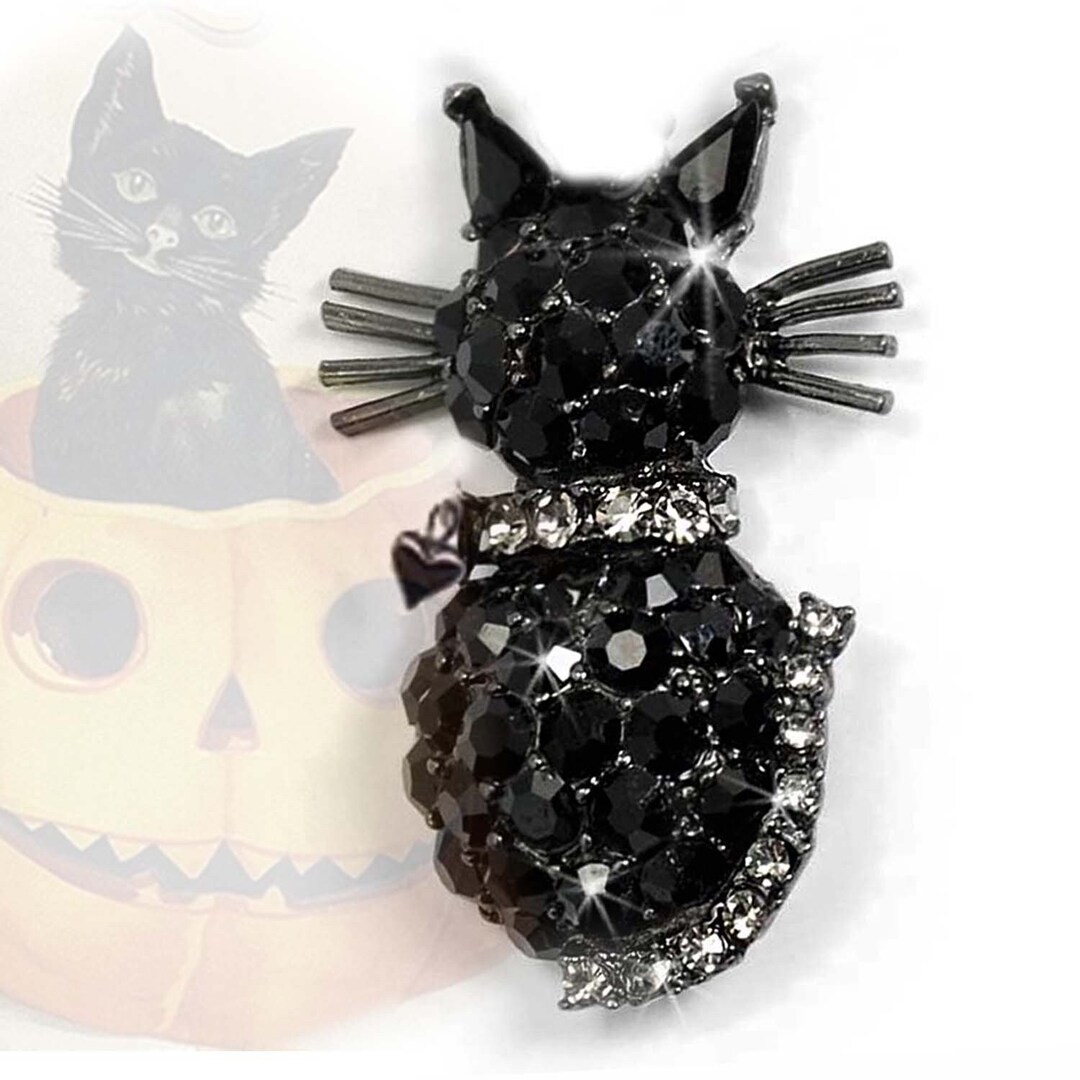 Black Cat Crystal Vintage Brooch Retro Halloween Cat Pin Etsy