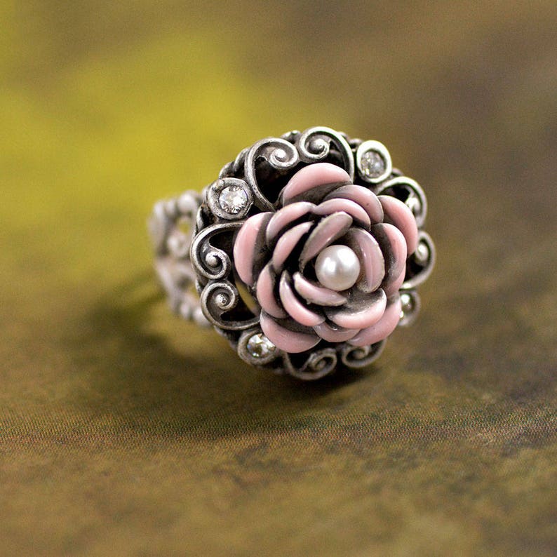 Pink Enamel Rose Ring, Shabby chic Flower Ring, Silver Rose Ring, Bridesmaids Jewelry, Cancer awareness Gift Ring R531 image 2