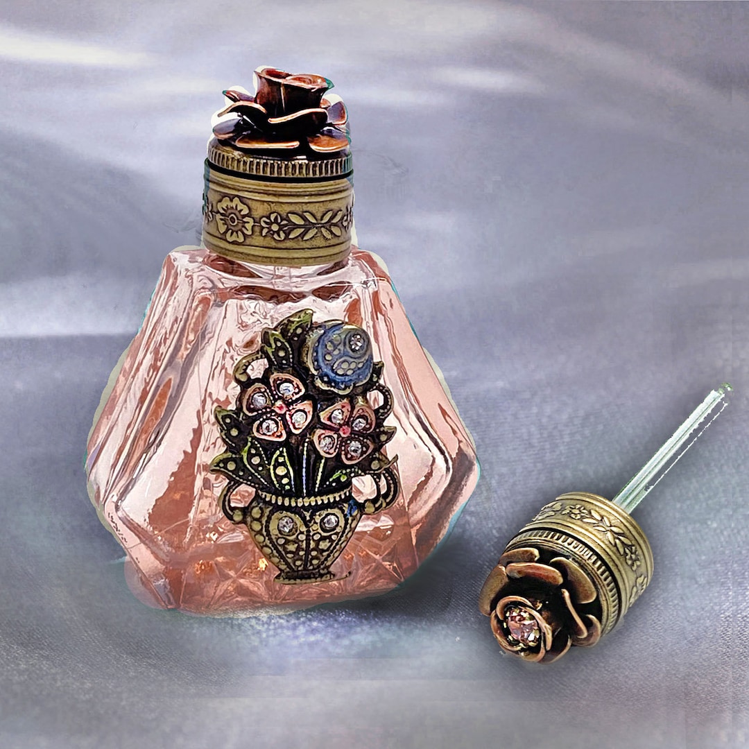 Pink Vintage Perfume Bottle Art Deco Flowers Essential Oil 