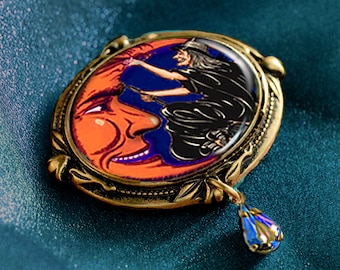 Witch on Moon Enamel Pin, Vintage Halloween Jewelry
