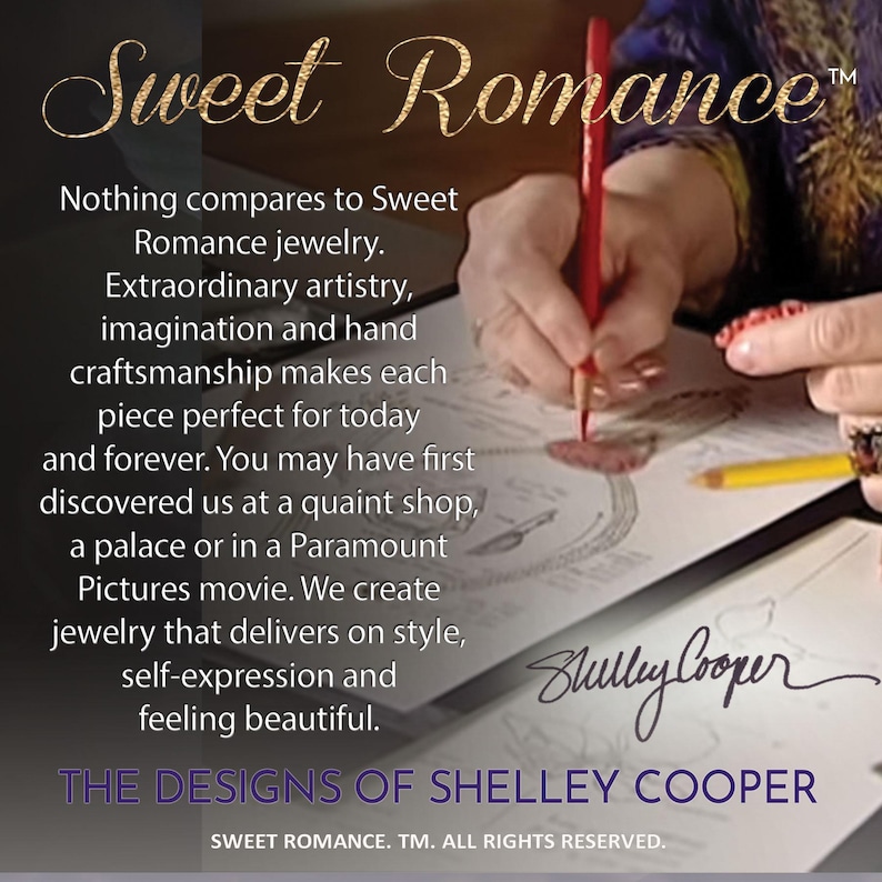 May include: A close-up of a hand drawing on a piece of paper. The text reads "Sweet Romance" and "The Designs of Shelley Cooper".