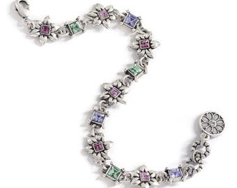 Silver Flowers Link Bracelet, Pastel Crystal Flower Bracelet, Clematis Flower Jewelry, Flower Jewelry, BR568