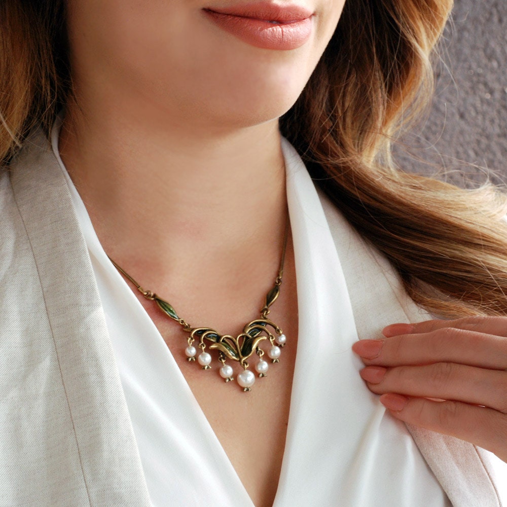 Lily of the Valley Pearl Necklace: Art Nouveau Enameled Bronze