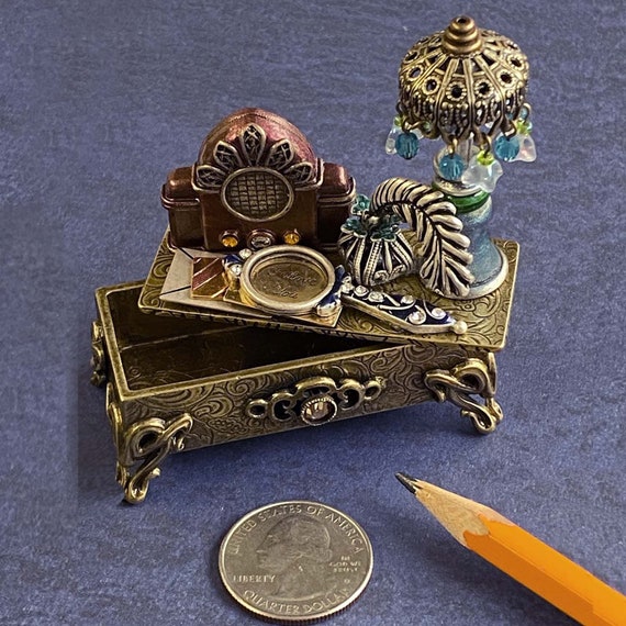 Vintage Desk Box, Trinket Box, Miniature Jewelry Box, Mini