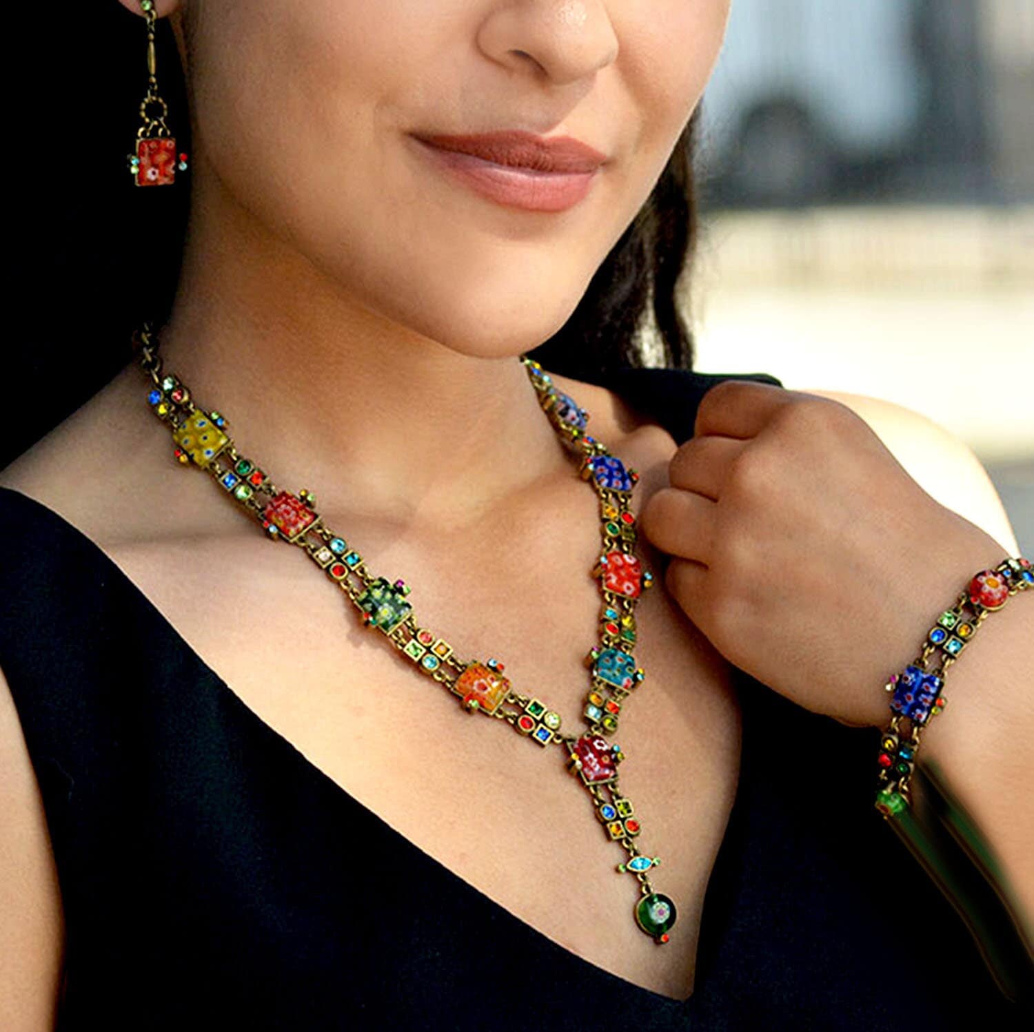 Millefiori Glass Y Necklace: Geometric Rainbow Venetian Art