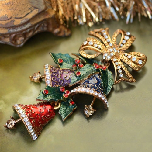 Brooch Christmas Bells Red Green & A/B Rhinestone Crystals Gold Tone