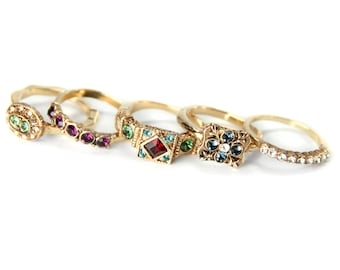 Set of 5 Stack Rings, Sweet Romance, Gypsy Rings, Swarovski Crystal Rings, Stacking Rings, Stacking Rings, Gold Rings R1666 (Gold)