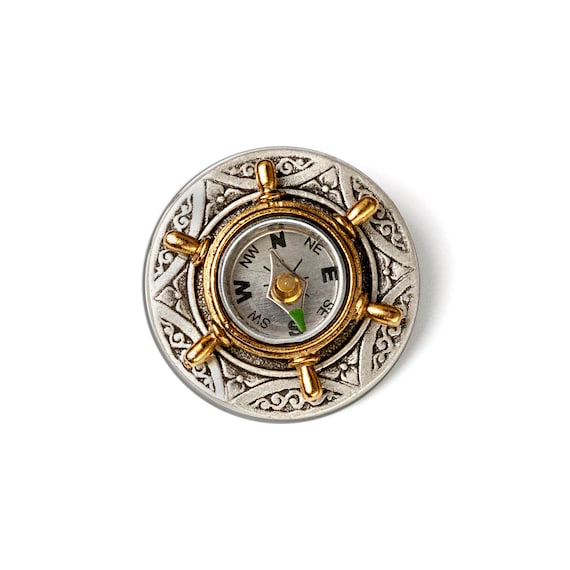Compass Pin: Miniature Ship Wheel Jewelry, Antique Silver 14K Gold