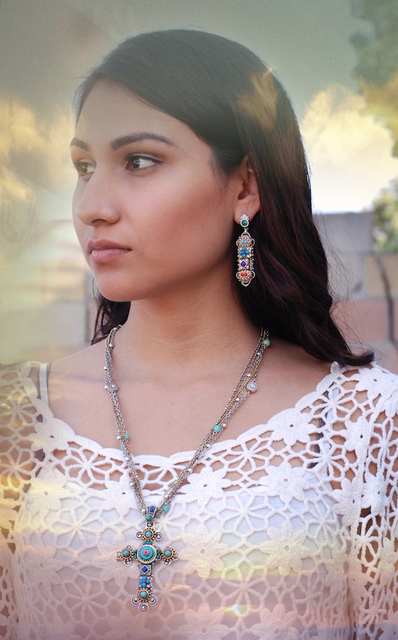 Baroque Style Cross Necklace, Turquoise Coral Lapis Stones - Etsy