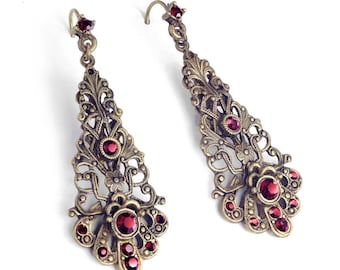 Garnet Vintage Long Earrrings, Filigree Victorian Gothic Ruby Red Crystal  Earrings E1373