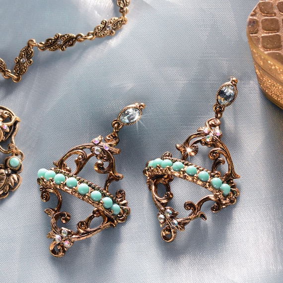 Vintage French Regency Turquoise Earrings, Paris Jewelry, Gold and Turquoise E1175