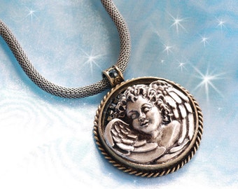 Französische Vintage Engel-Halskette: Bronze-Engel-Engel-Engel-Anhänger