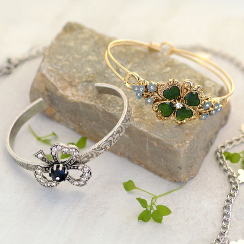 St. Patricks Day Bracelet, 4 Leaf Clover, Shamrock, Good Luck, Lucky Bangle Bracelet, Green, Irish, St. Paddys Day Jewelry BR350 image 3