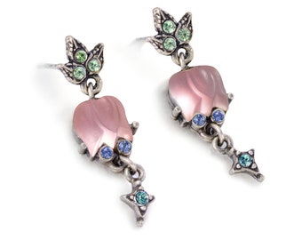 Pastel Satin Glass Tulip Earrings, Flower Jewelry, Spring Jewelry, Pink Tulip Jewelry, Floral Earrings, Vintage Glass Earrings E144