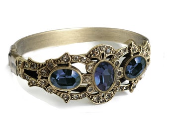 Victorian Sapphire Blue Crystal Statement Bracelet, Ruby, Garnet, Emerald Green, Czech Vintage bracelet, BR255