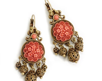 1940s Coral Earrings, Retro Earrings, Filigree Earrings, Vintage Earrings,  Floral Earrings, Fashion Jewelry, Bronze Earrings E1042