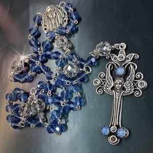 Our Lady of Lourdes Rosary: Blue Crystal Bead Angel Necklace