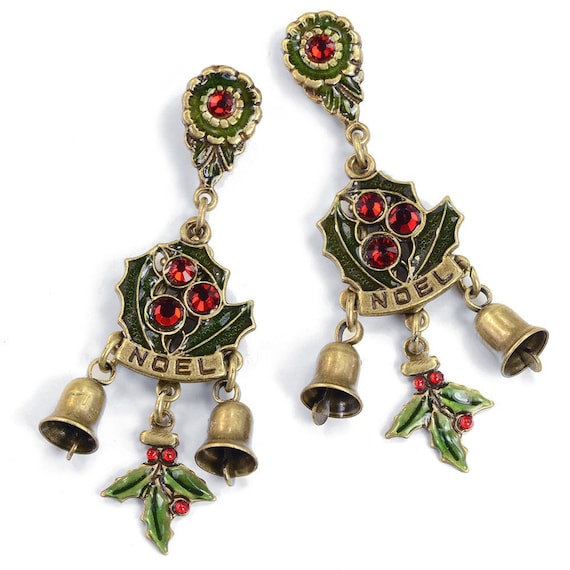 Victorian Christmas Earrings: Enamel Holly, Crystal & Bells