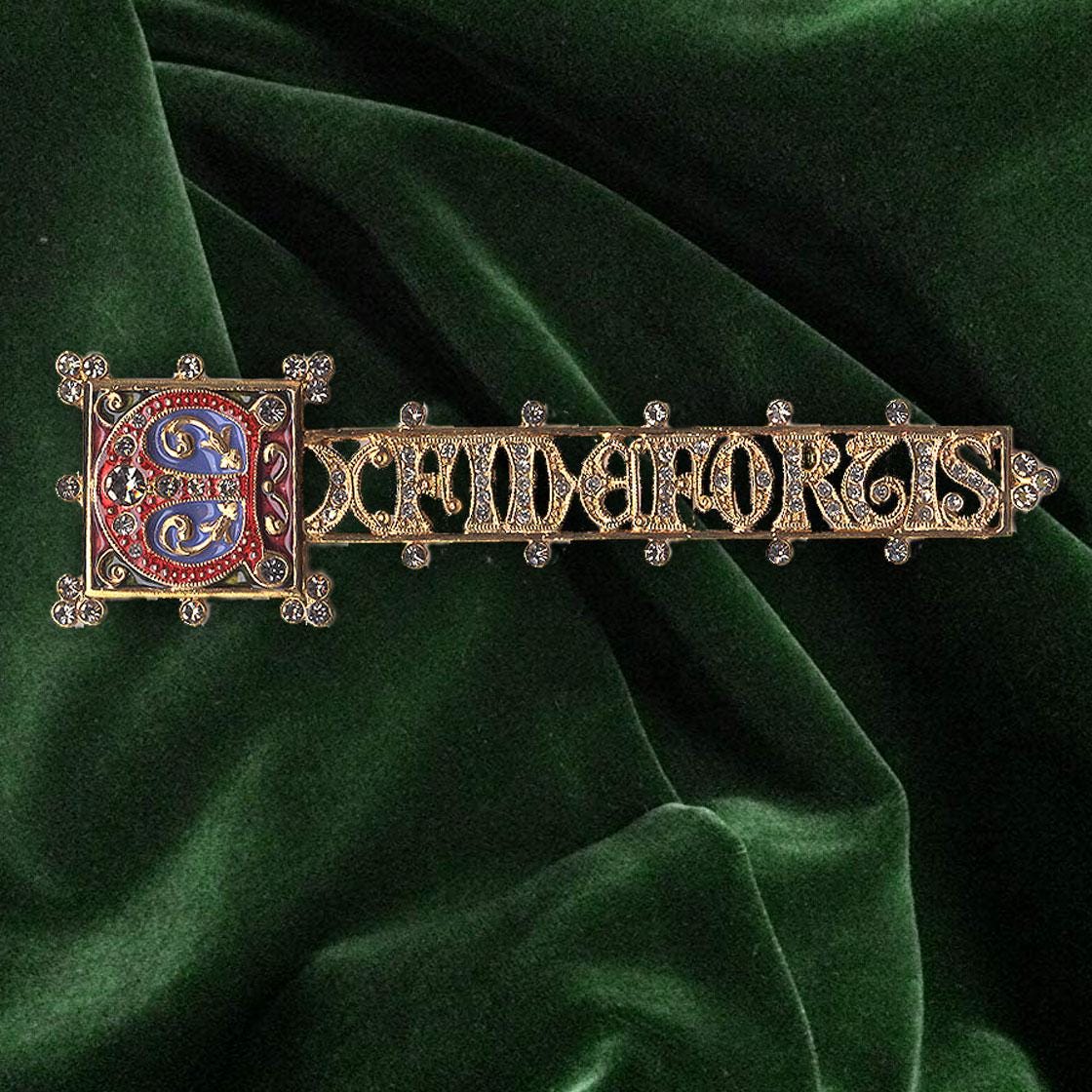 Illuminated Manuscript Brooch: 14K Gold Renaissance Pin With Swarovski ...