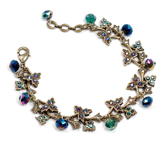 Autumn Vine Crystal Bracelet: Vintage Peacock Iris, Bronze Floral Jewelry