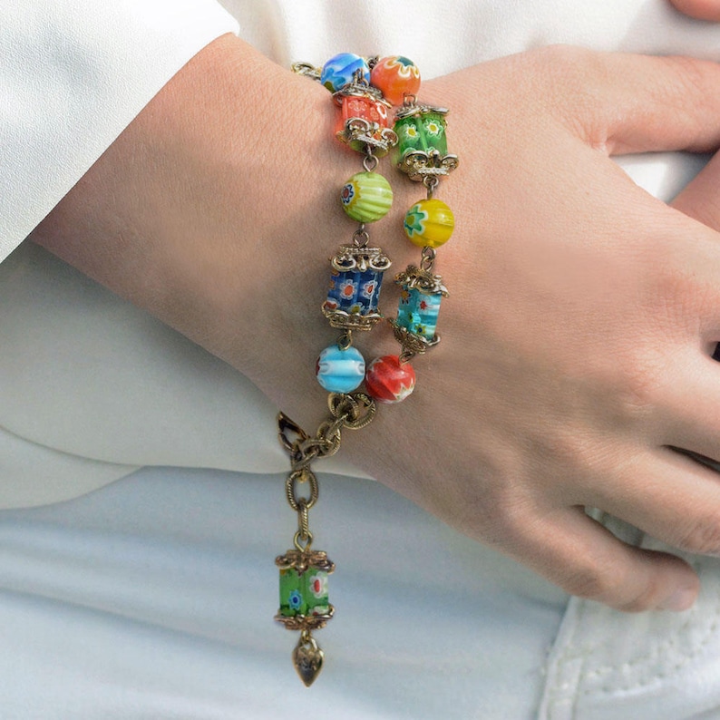 Millefiori Glass Retro Squares Bracelet, Murano Glass Jewelry, Rainbow Bracelet, Festival Jewelry, Millefiori Jewelry, Boho Bracelet BR223 image 2