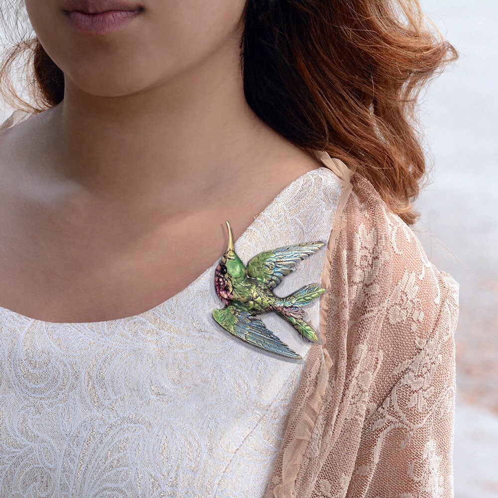 Sparkling Hummingbird Brooch Pin – Silver Tone With Clear Austrian Crystals, Gift Jewelry