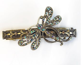 Art Nouveau Dragonfly Barrette: Iridescent Crystal Hair Clip