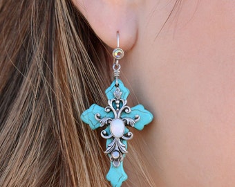 Cross Earrings, Turquoise Cross Earrings, Rosary, Cross Jewelry, Opal Earrings, Turquoise Earrings, Cross, Confirmation Gift E1098