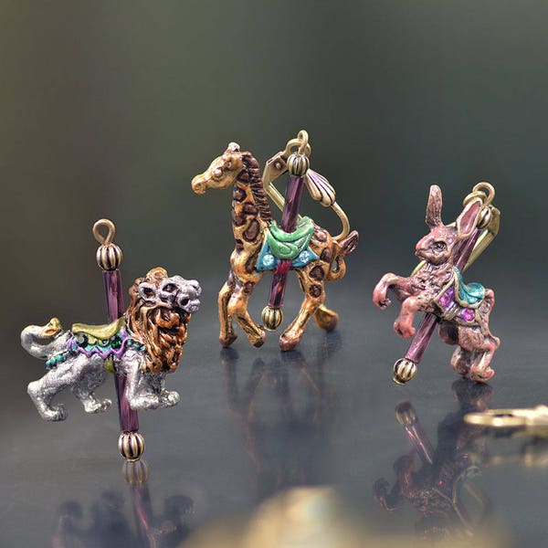 Whimsical Carousel Animal Earrings: Vintage Style, Burnished Bronze
