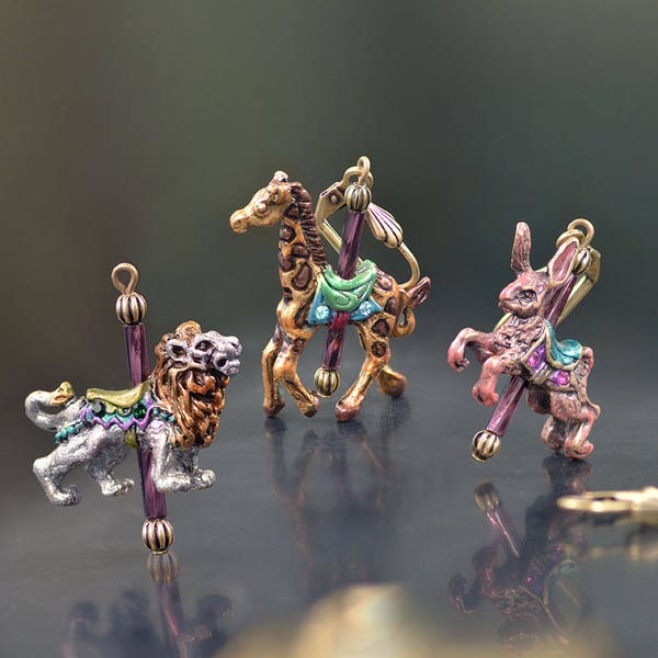 Whimsical Carousel Animal Earrings, Vintage, Merry Go Round, Lion, Giraffe, Rabbit, Horse Earrings, Childrens Earrings, Christmas Gift E240