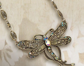 Dragonfly Necklace: Art Nouveau Bronze Crystal Insect Jewelry