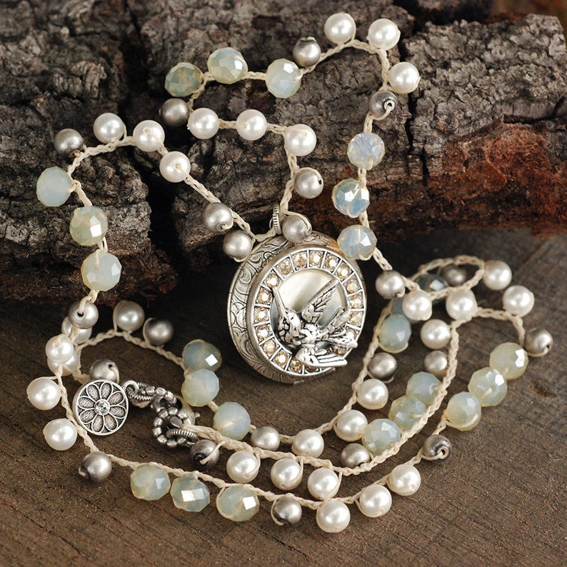 Bird Lover N1357 Locket Necklace Bird Jewelry Bird Locket Locket Pendant Boho Necklace Crochet Necklace Hand Knotted Necklace