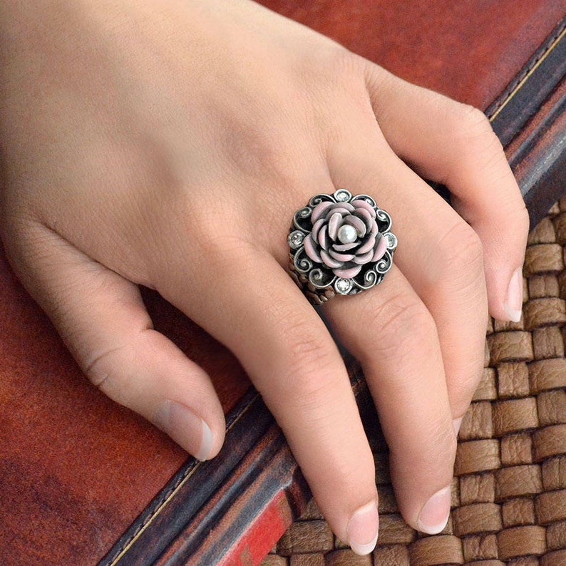 Pink Enamel Rose Ring, Shabby chic Flower Ring, Silver Rose Ring, Bridesmaids Jewelry, Cancer awareness Gift Ring R531 image 1