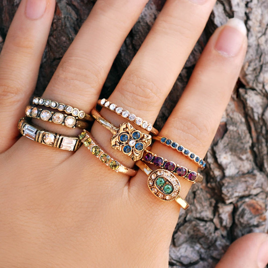 Gold Crystal Multi Chain Six Pack Stacking Rings