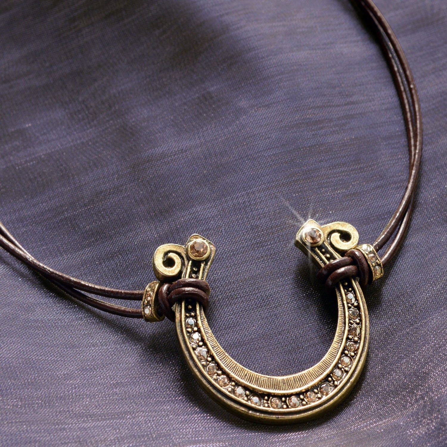 Lucky Horseshoe Leather Boho Carved Equestrian Necklace, Wrap Bracelet, Choker, Southwest Cowgirl Festival Jewelry N286