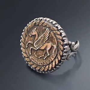 Pegasus Coin Ring: Bronze Roman Style, Adjustable Silver Band