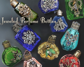 Perfume Bottle Collection, Vintage Perfume,  Essential Oil bottles, Mini Perfume, Scent Bottle, Art Deco, Jeweled Czech Glass Bottles SET